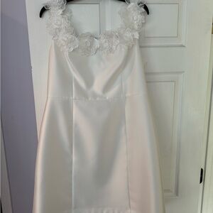 Adrianna Papell Ivory Satin Wedding Dress with Floral Lace Straps
